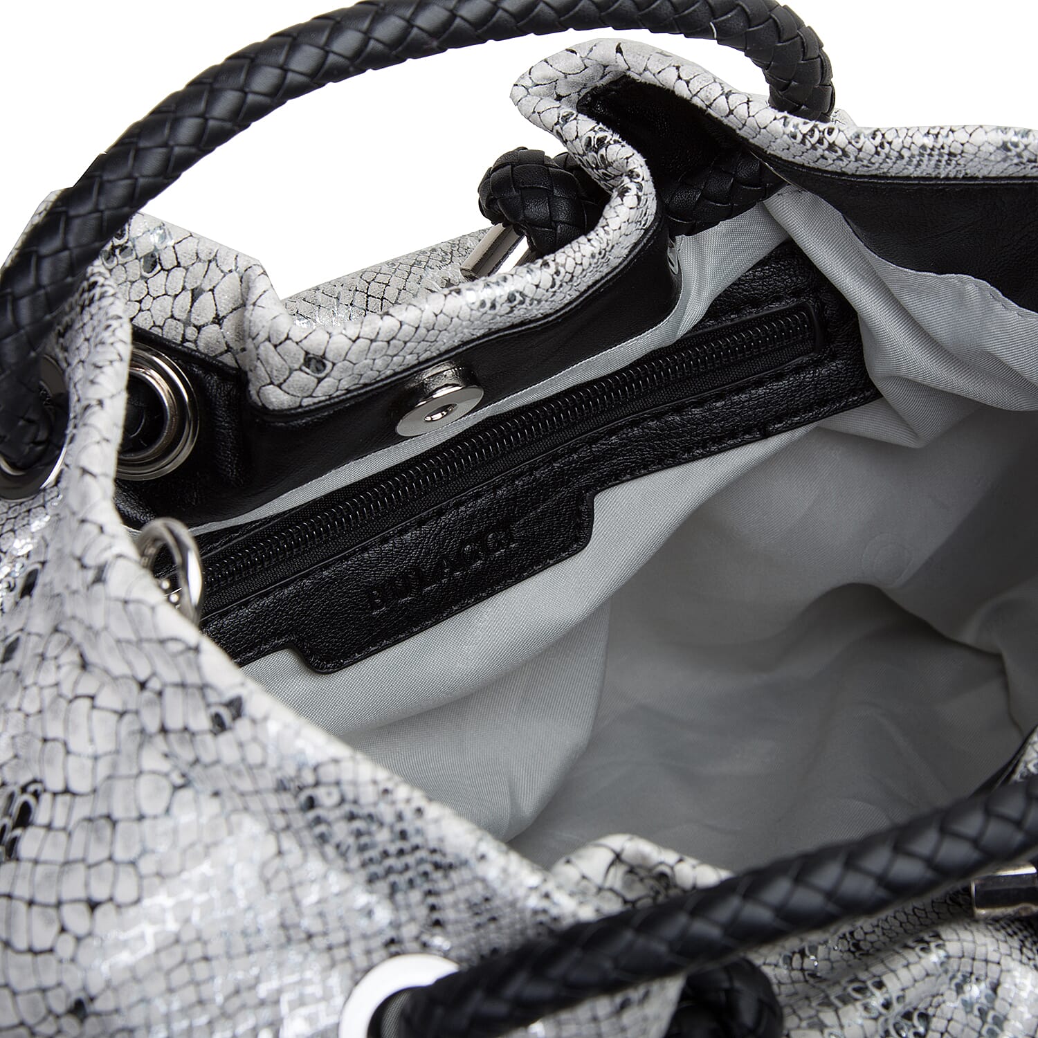 Bulaggi Collection - Jade Snake Print Handbag (Size 28x27x14 Cm) - White, Black and Silver