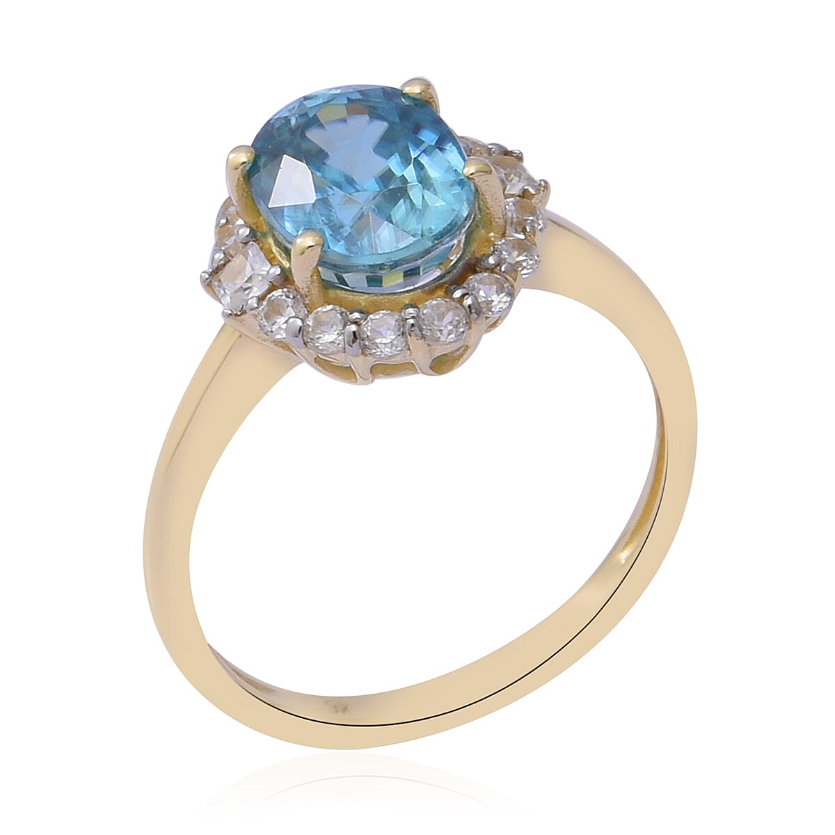 9K Yellow Gold Ratanakiri Blue Zircon and Natural Cambodian Zircon Ring 3.84 Ct.