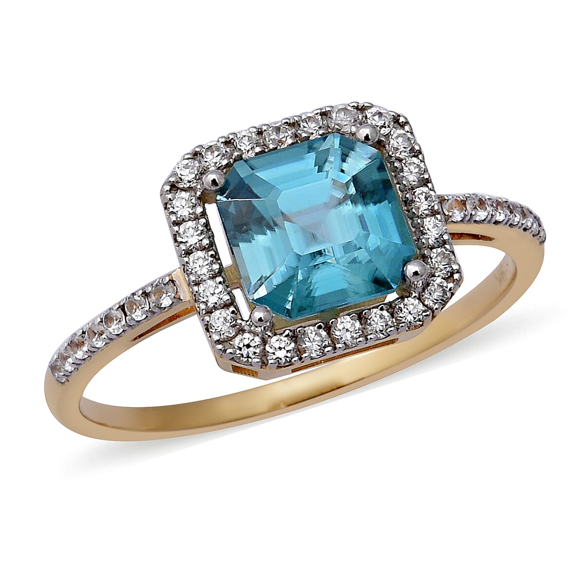 9K Yellow Gold Ratanakiri Blue Zircon (Asscher Cut 7x7mm) and Natural Cambodian Zircon Ring 3.01 Ct.