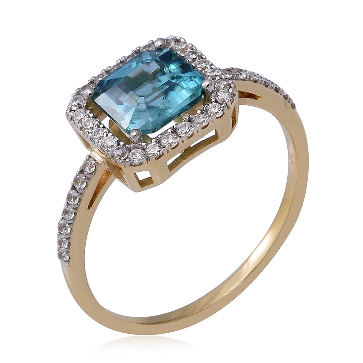 9K Yellow Gold Ratanakiri Blue Zircon (Asscher Cut 7x7mm) and Natural Cambodian Zircon Ring 3.01 Ct.