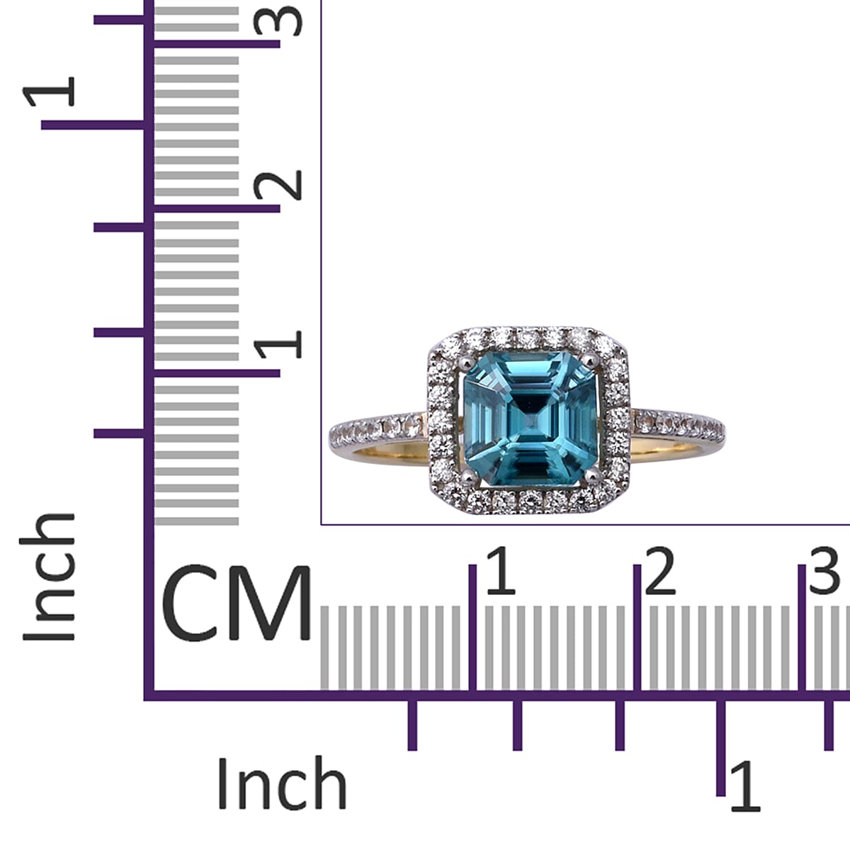 9K Yellow Gold Ratanakiri Blue Zircon (Asscher Cut 7x7mm) and Natural Cambodian Zircon Ring 3.01 Ct.