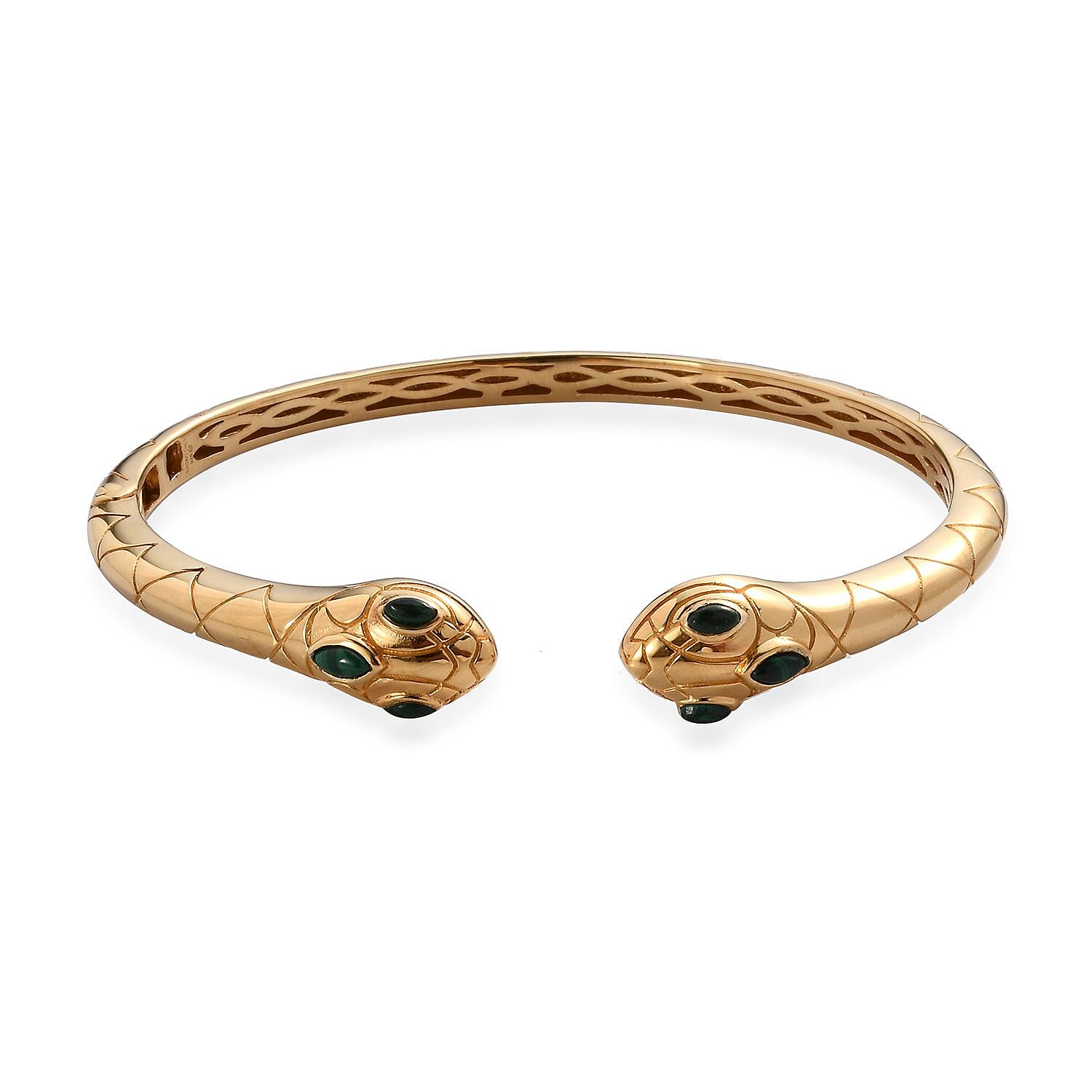 Sunday Child - Malachite Snake Cuff Bangle (Size 7.5) in 14K Gold Plating Sterling Silver Bangle 34.00 Ct, Silver Wt. 22.00 Gms.