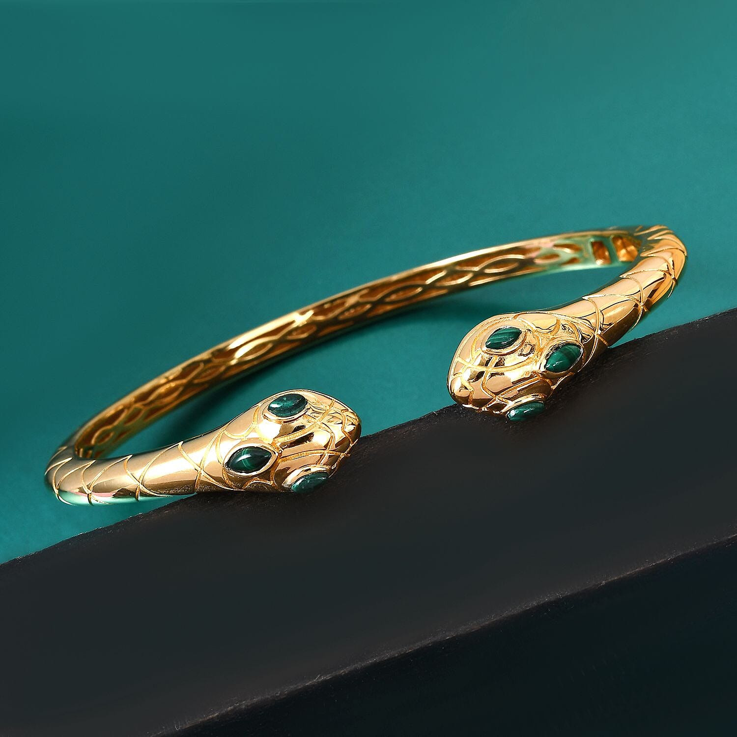 Sunday Child - Malachite Snake Cuff Bangle (Size 7.5) in 14K Gold Plating Sterling Silver Bangle 34.00 Ct, Silver Wt. 22.00 Gms.