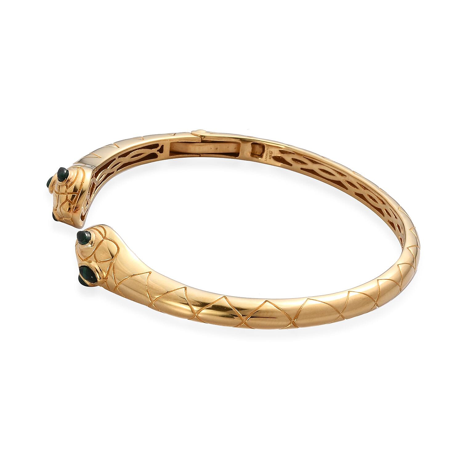 Sunday Child - Malachite Snake Cuff Bangle (Size 7.5) in 14K Gold Plating Sterling Silver Bangle 34.00 Ct, Silver Wt. 22.00 Gms.