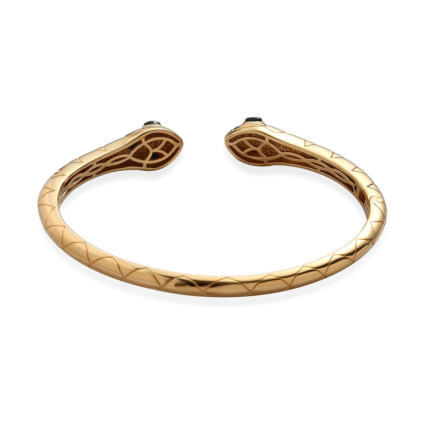 Sunday Child - Malachite Snake Cuff Bangle (Size 7.5) in 14K Gold Plating Sterling Silver Bangle 34.00 Ct, Silver Wt. 22.00 Gms.