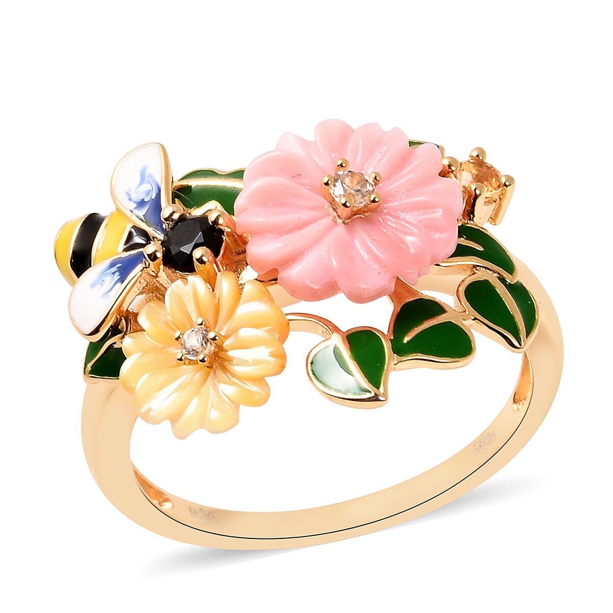 Jardin Collection - Pink Mother of Pearl, Yellow Mother of Pearl and Multi Gemstone Bee Flower Enamelled Ring in Yellow Gold Overlay Sterling Silver