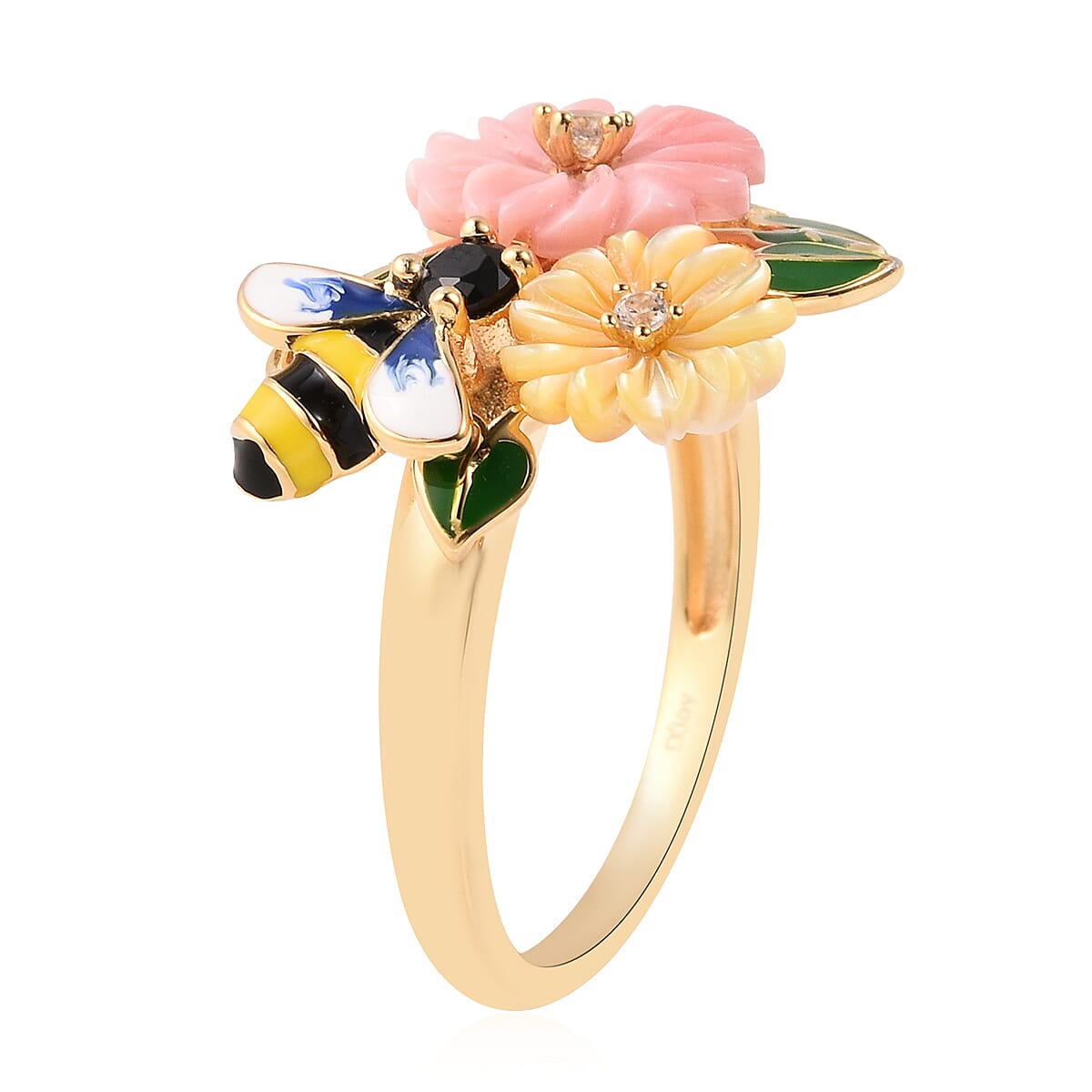 Jardin Collection - Pink Mother of Pearl, Yellow Mother of Pearl and Multi Gemstone Bee Flower Enamelled Ring in Yellow Gold Overlay Sterling Silver