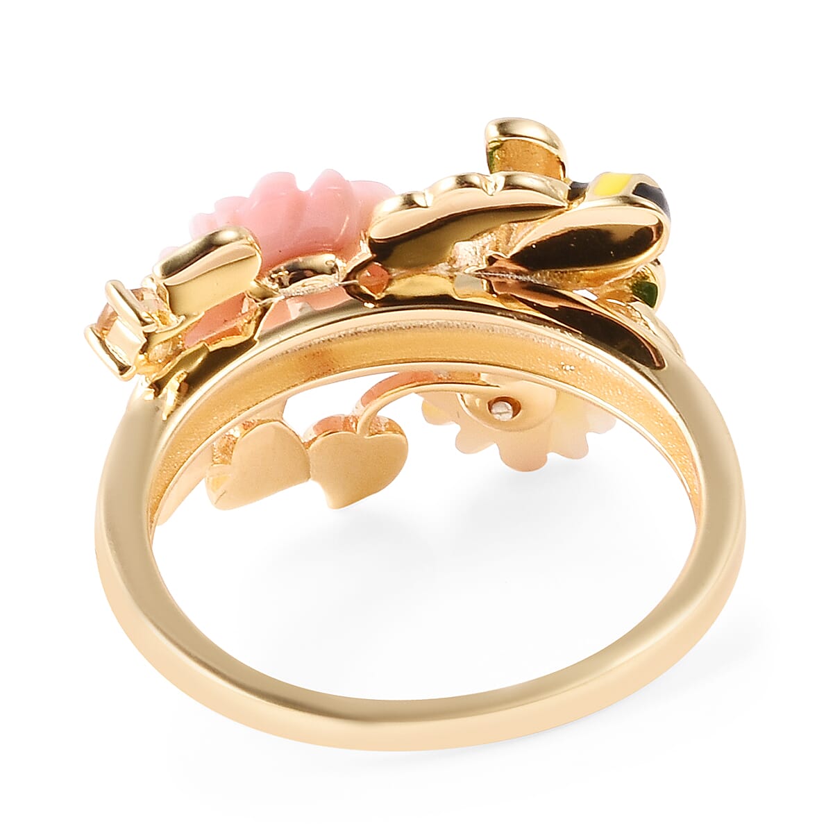 Jardin Collection - Pink Mother of Pearl, Yellow Mother of Pearl and Multi Gemstone Bee Flower Enamelled Ring in Yellow Gold Overlay Sterling Silver