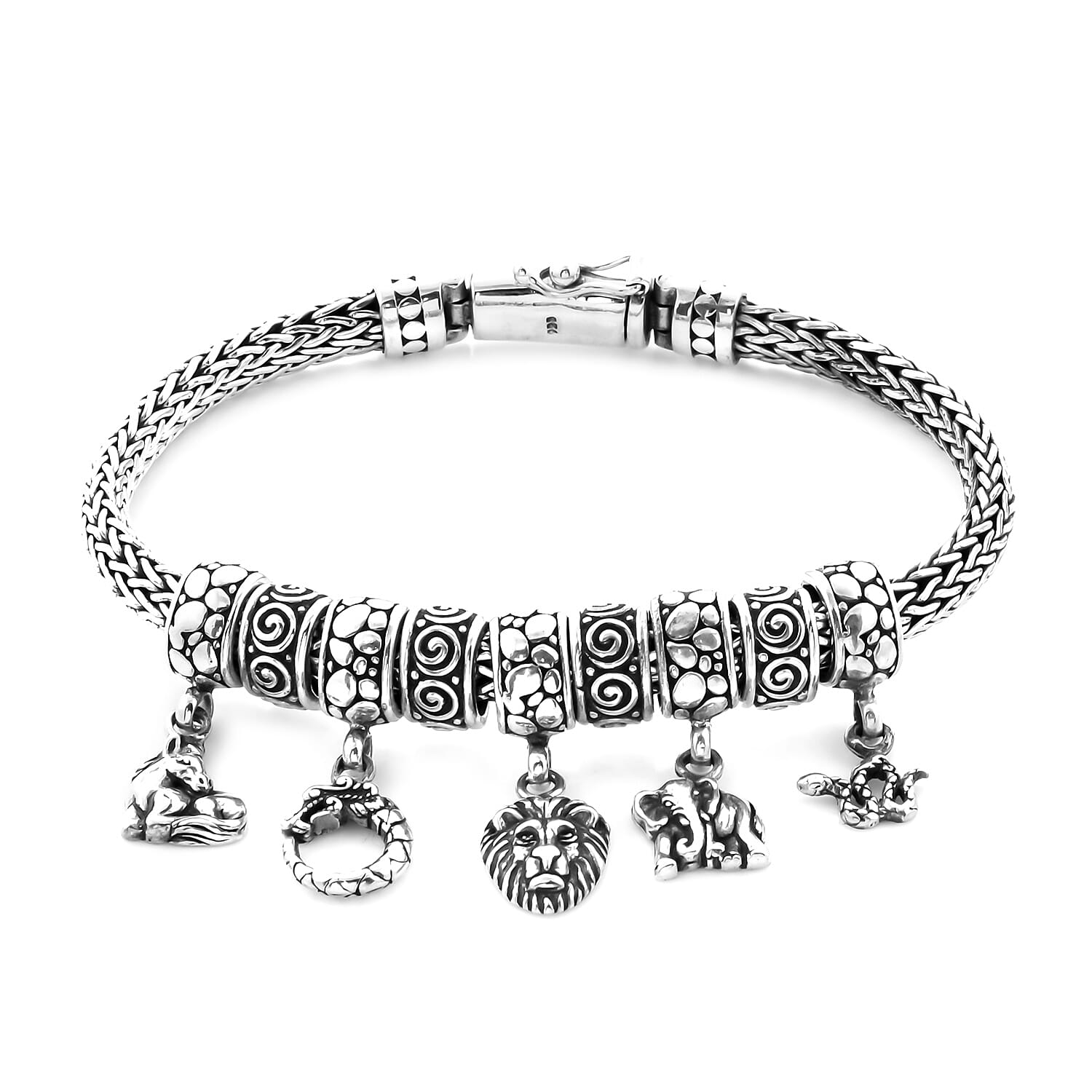 Royal Bali Collection - Sterling Silver Multi Charm Tulang Naga Bracelet (Size 6.5), Silver wt 42.80 Gms