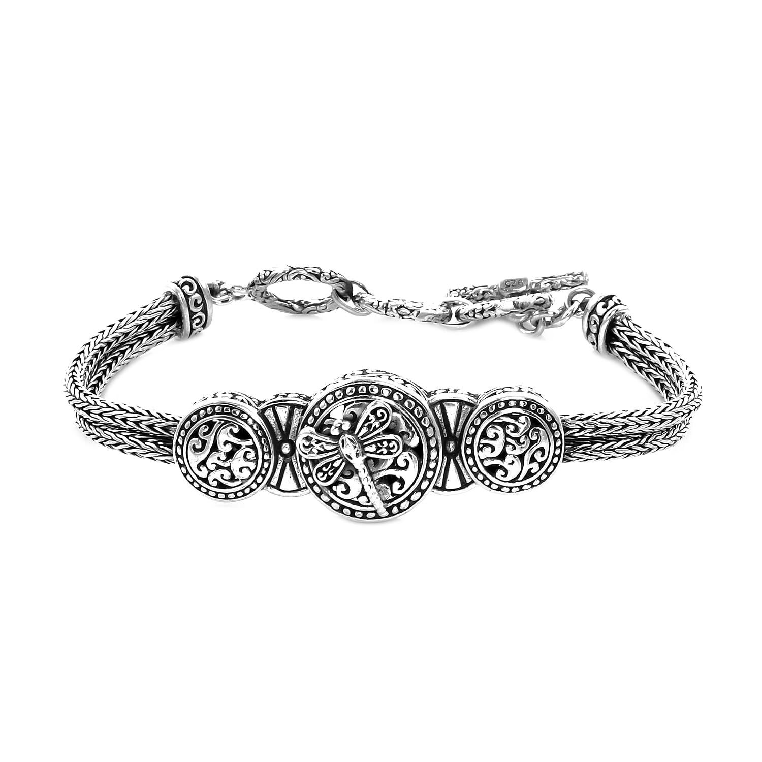 Royal Bali Collection - Sterling Silver Dragonfly Tulang Naga Bracelet (Size 7.5 with Extender), Silver wt 21.12 Gms