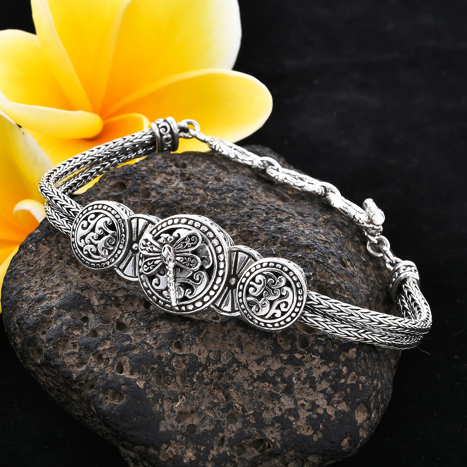 Royal Bali Collection - Sterling Silver Dragonfly Tulang Naga Bracelet (Size 7.5 with Extender), Silver wt 21.12 Gms