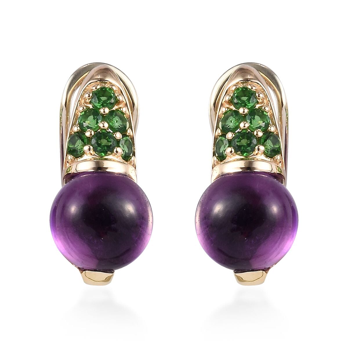 Sundays Child - 9K Yellow Gold Zambian Amethyst, Tsavorite Garnet Drop Earrings (with French Clip) 5.25 Ct. Gold Wt 3.72 Grams