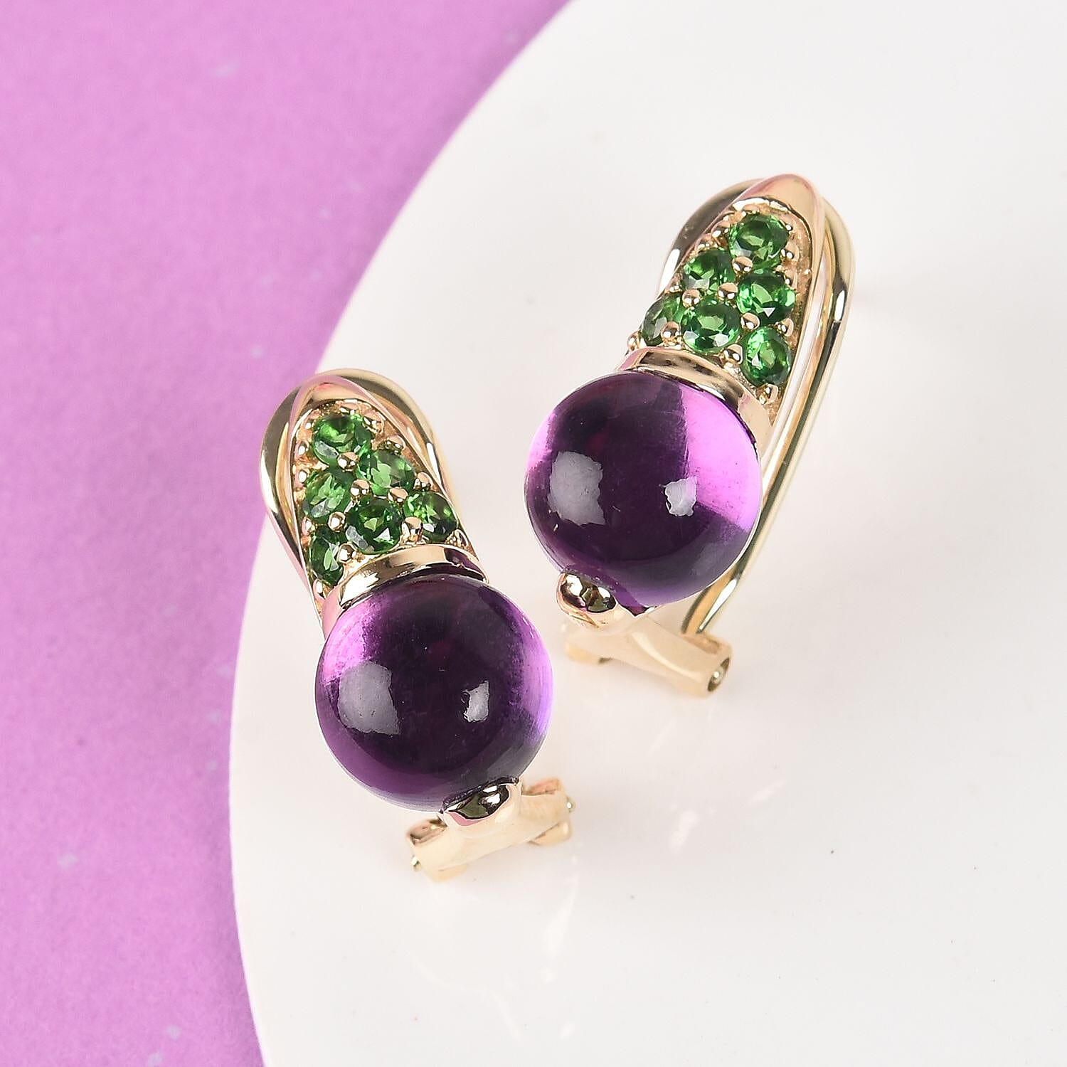 Sundays Child - 9K Yellow Gold Zambian Amethyst, Tsavorite Garnet Drop Earrings (with French Clip) 5.25 Ct. Gold Wt 3.72 Grams