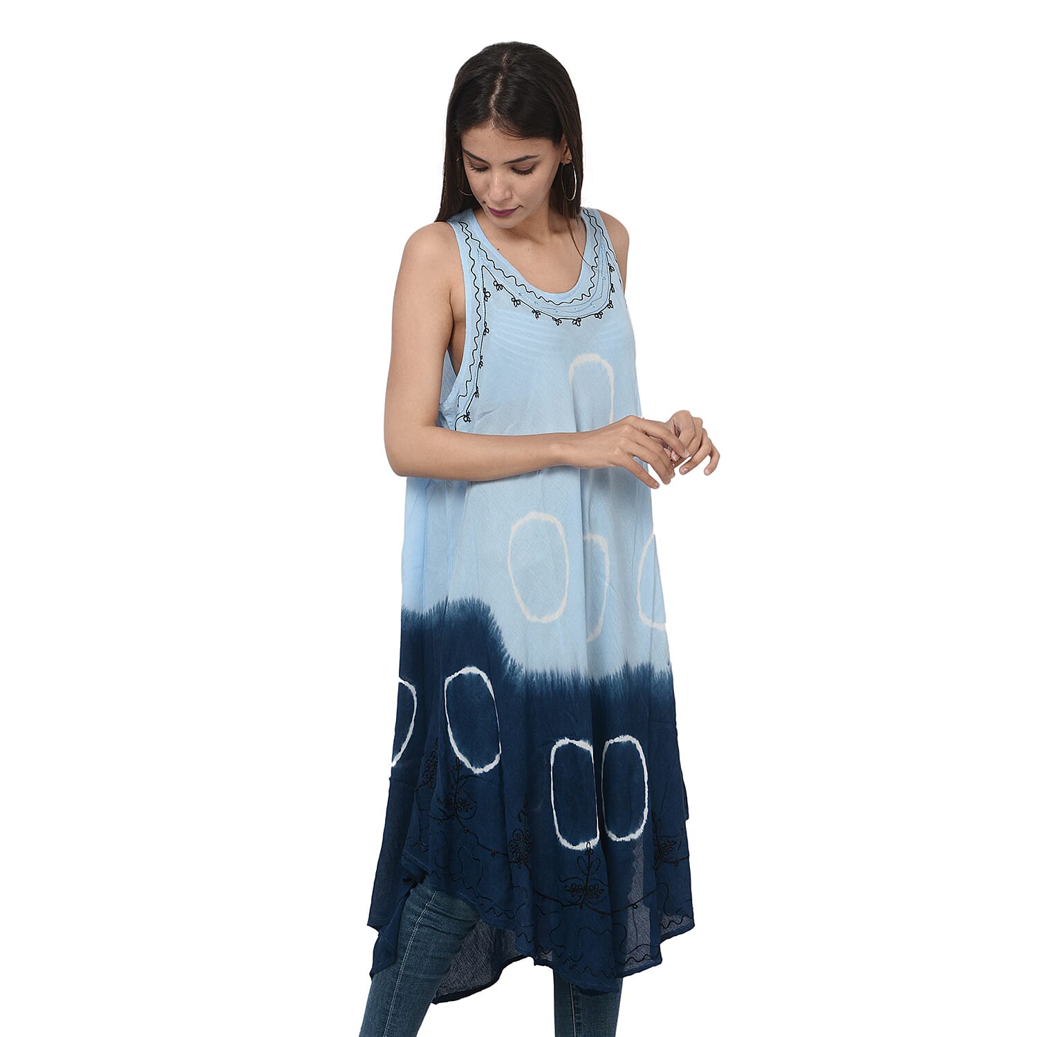Summer Special- Embroided Tie-Dye Round Neck Umbrella Dress (One Size; L-121cm x W-111cm) - Light and Navy Blue