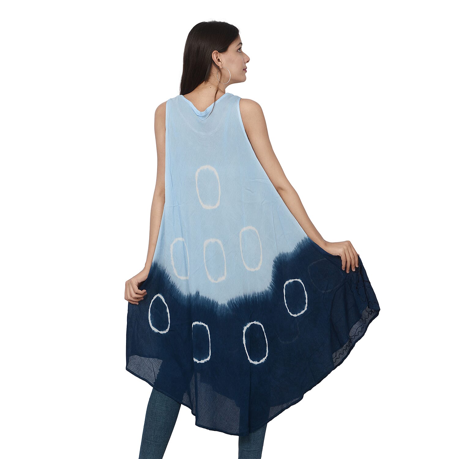 Summer Special- Embroided Tie-Dye Round Neck Umbrella Dress (One Size; L-121cm x W-111cm) - Light and Navy Blue