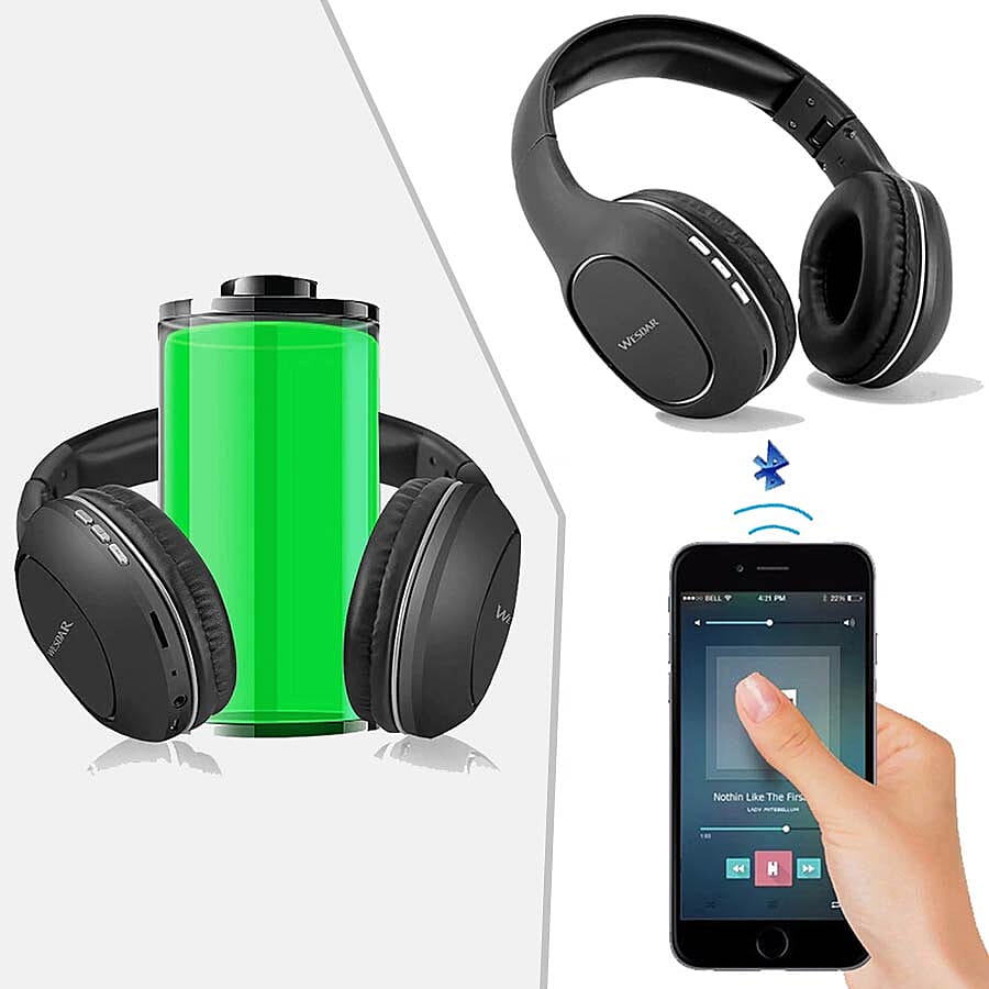 WESDAR: Wireless & Bluetooth Headphones with Rechargeable 500 mAh Battery - Black