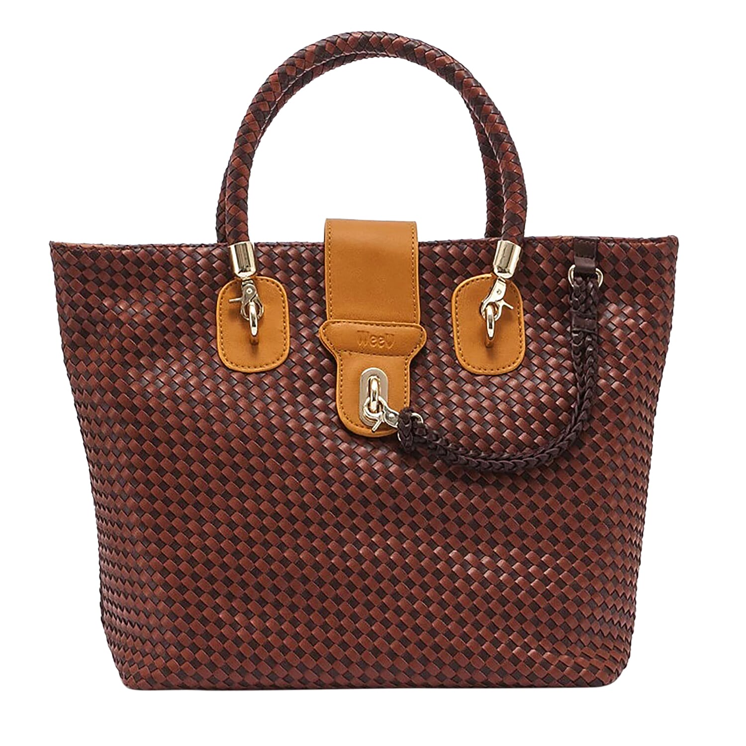Cross Weave Pattern Tote Bag (Size 31x15x30 Cm) - Mustard Yellow and Brown