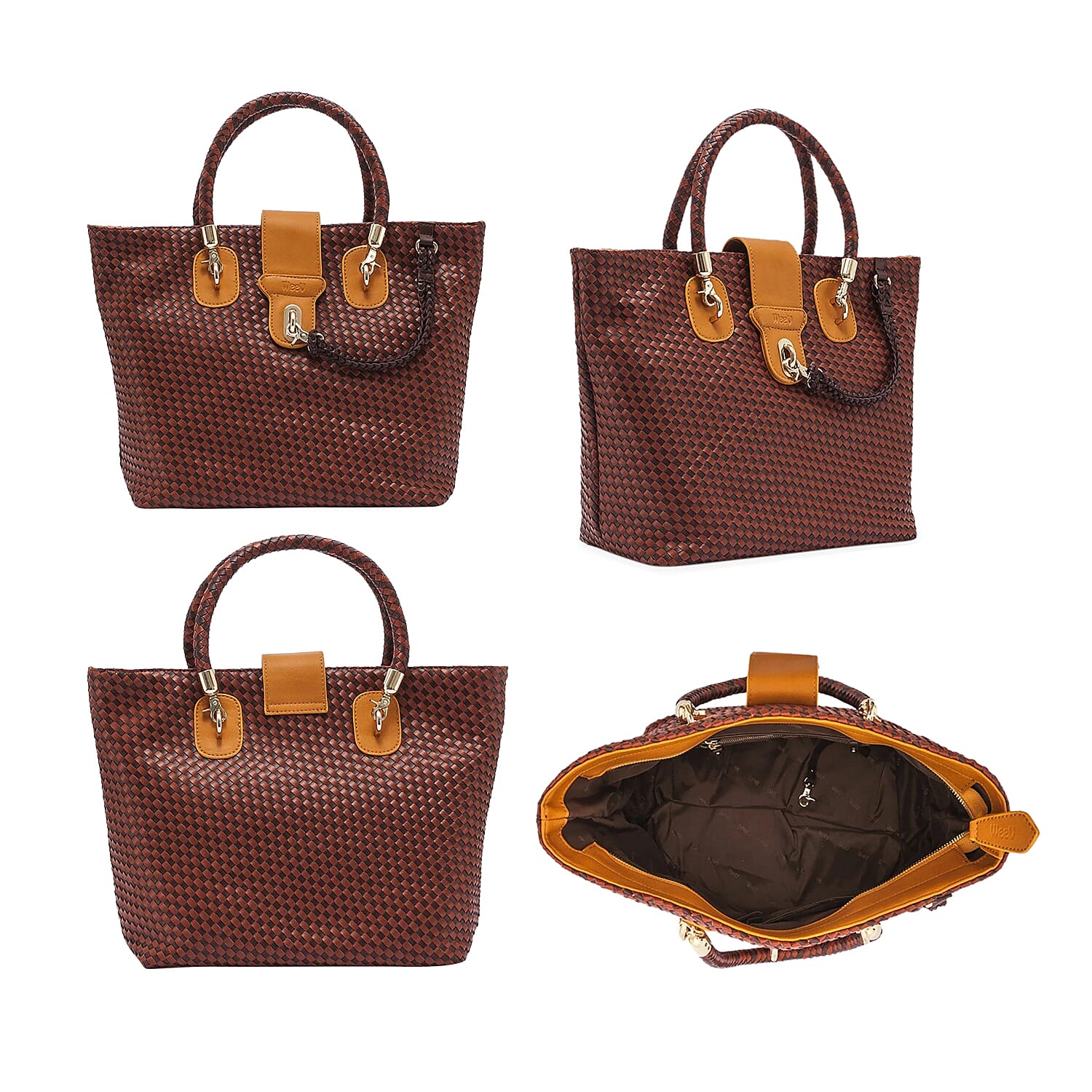 Cross Weave Pattern Tote Bag (Size 31x15x30 Cm) - Mustard Yellow and Brown