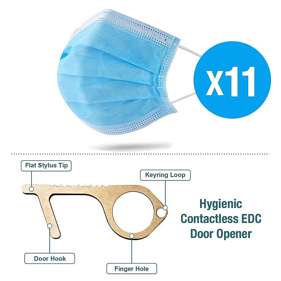 11 Piece Set (Hygienic Contactless EDC Door Opener Keychain and Lightweight Non-Woven Disposable Mask - 3 Ply)