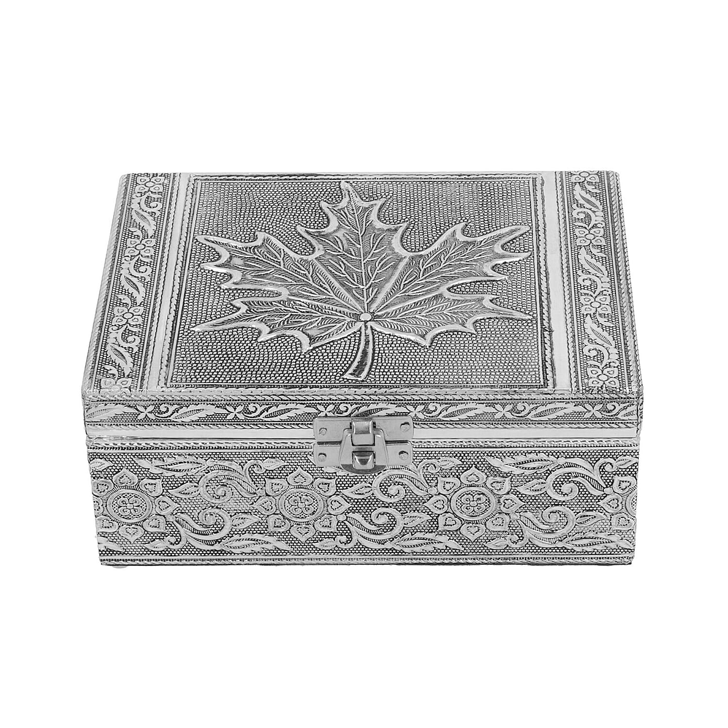 Maple Leaf Embossed Jewellery Storage Box with Blue Velvet Lining, Tray and Mirror Inside (Size 17.7x12.7 Cm)