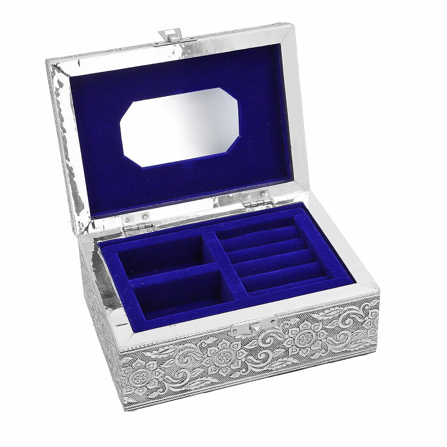 Maple Leaf Embossed Jewellery Storage Box with Blue Velvet Lining, Tray and Mirror Inside (Size 17.7x12.7 Cm)