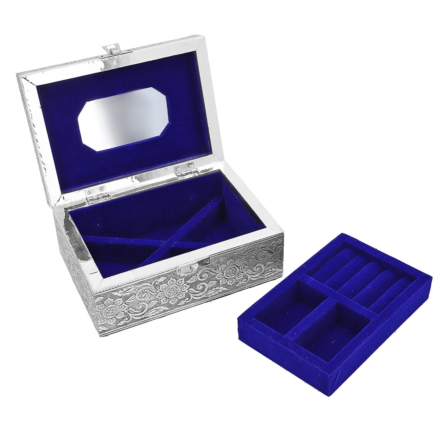 Maple Leaf Embossed Jewellery Storage Box with Blue Velvet Lining, Tray and Mirror Inside (Size 17.7x12.7 Cm)
