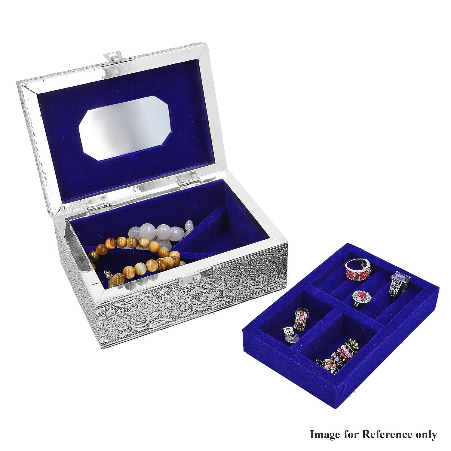 Maple Leaf Embossed Jewellery Storage Box with Blue Velvet Lining, Tray and Mirror Inside (Size 17.7x12.7 Cm)