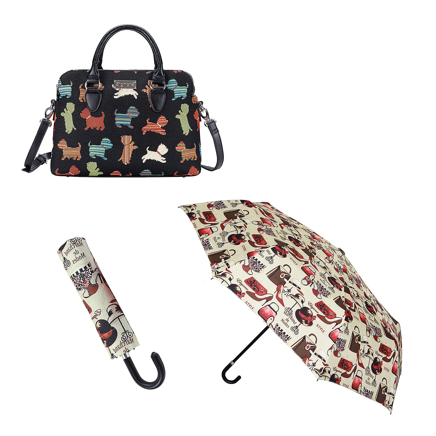 Signare Tapestry - Playful Puppy Triple Compartment Bag with FREE UMBRELLA