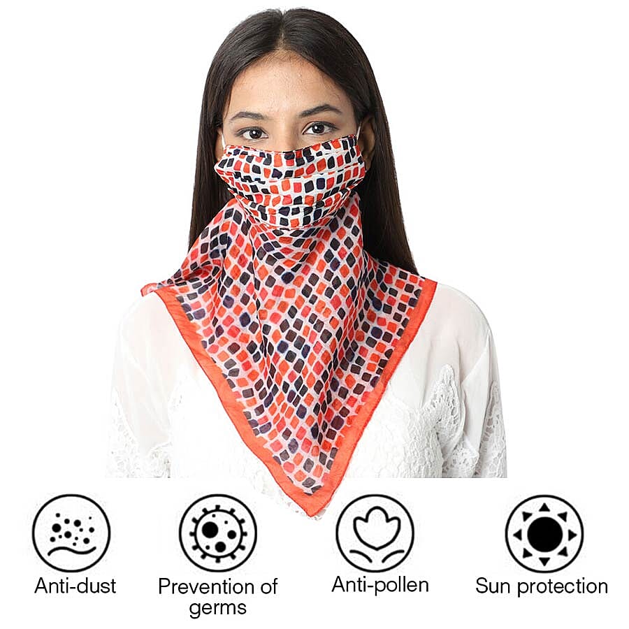 2 in 1 Block Pattern 100% Mulberry Silk Scarf and Protective Face Covering in Multicolour (Size 40x40 Cm)