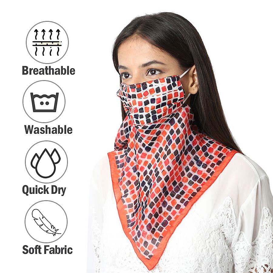 2 in 1 Block Pattern 100% Mulberry Silk Scarf and Protective Face Covering in Multicolour (Size 40x40 Cm)