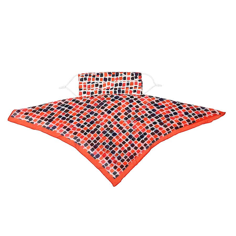 2 in 1 Block Pattern 100% Mulberry Silk Scarf and Protective Face Covering in Multicolour (Size 40x40 Cm)