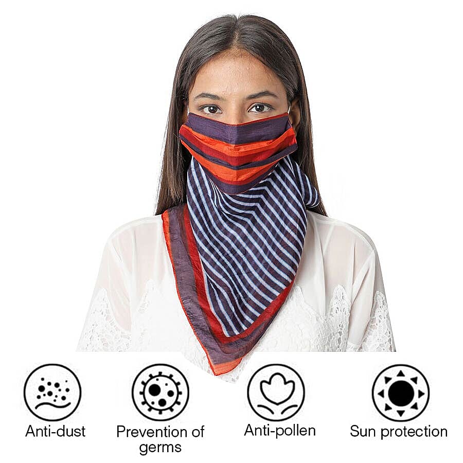 New Arrival- 2 in 1 Stripe Pattern 100% Mulberry Silk Scarf and Protective Face Covering in Red, Blue and Multi Colour (Size 40x40 Cm)