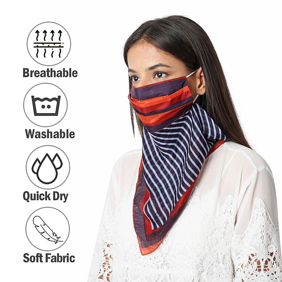 New Arrival- 2 in 1 Stripe Pattern 100% Mulberry Silk Scarf and Protective Face Covering in Red, Blue and Multi Colour (Size 40x40 Cm)