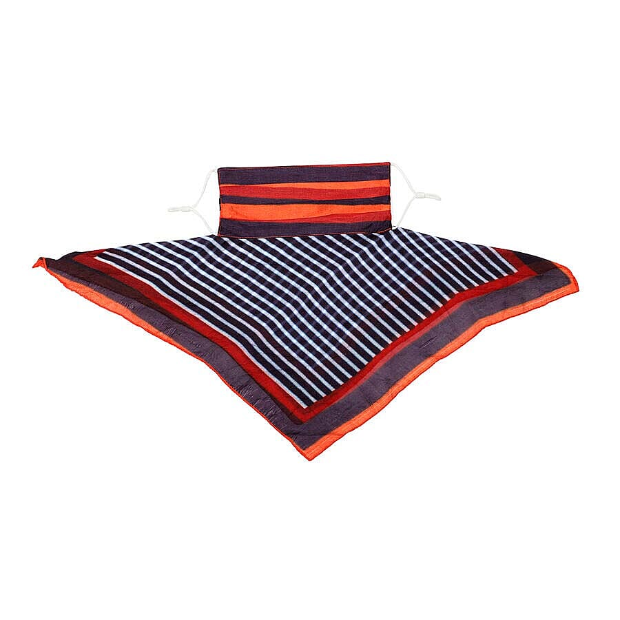 New Arrival- 2 in 1 Stripe Pattern 100% Mulberry Silk Scarf and Protective Face Covering in Red, Blue and Multi Colour (Size 40x40 Cm)