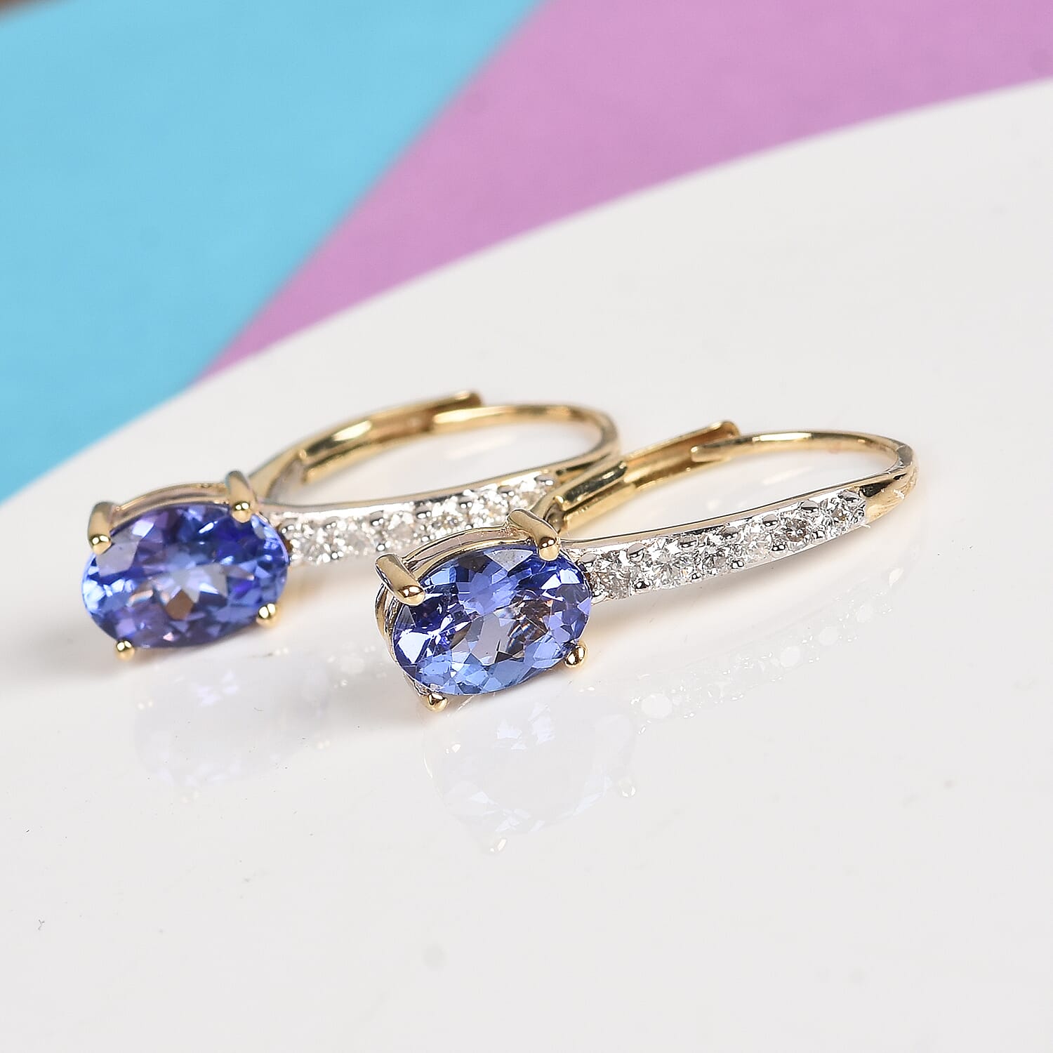 9K Yellow Gold Tanzanite and Natural Diamond Hoop Earrings 1.60 Ct.