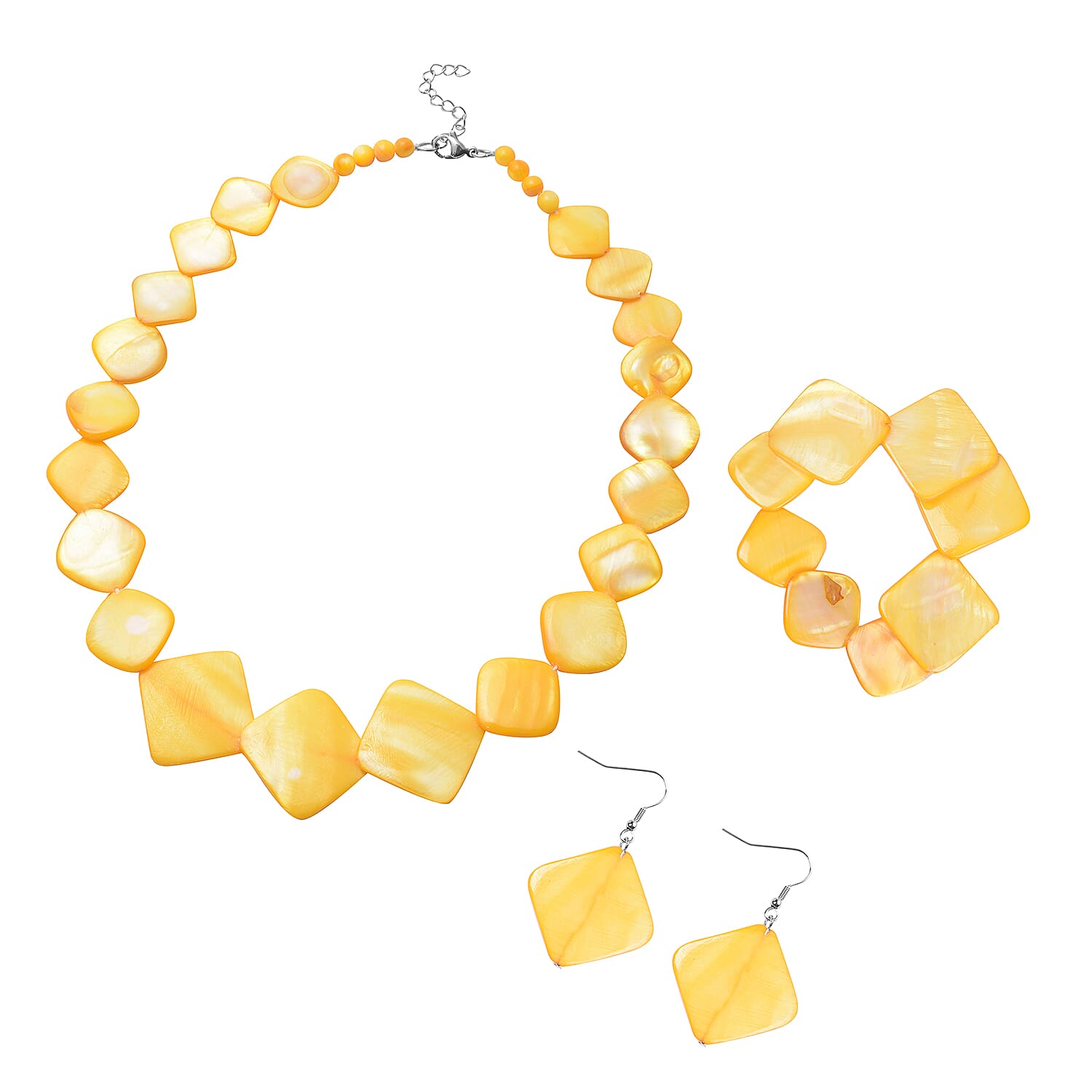 3 Piece Set - Gold Shell Necklace (Size 18 with 2 inch Extender), Stretchable Bracelet (Size 7) and Hook Earrings