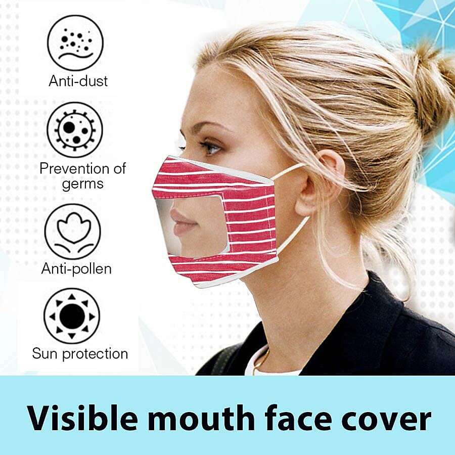 Stripe Pattern Reusable Two layer Face Cover with Transparent Window (Size 24x14 Cm) - Burgundy