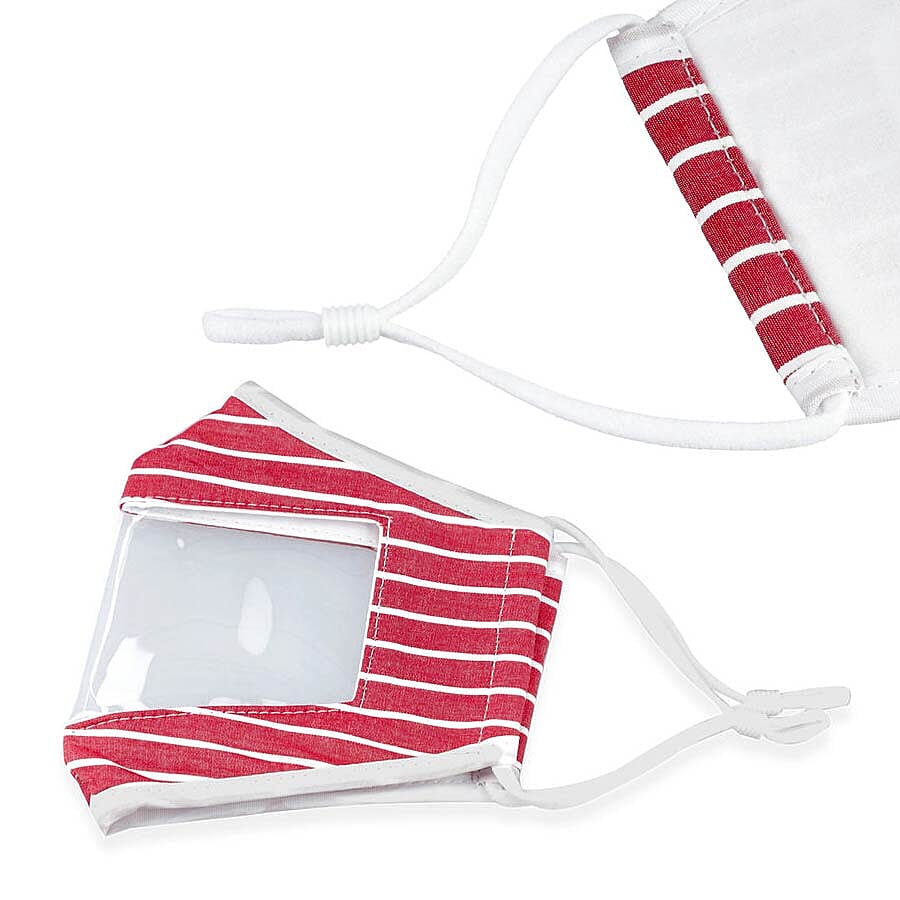 Stripe Pattern Reusable Two layer Face Cover with Transparent Window (Size 24x14 Cm) - Burgundy
