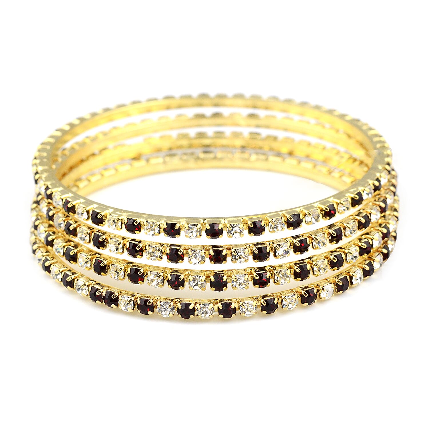 4 Piece Set - Simulated Garnet and Diamond Bangle (Size 7.75) in Gold Tone