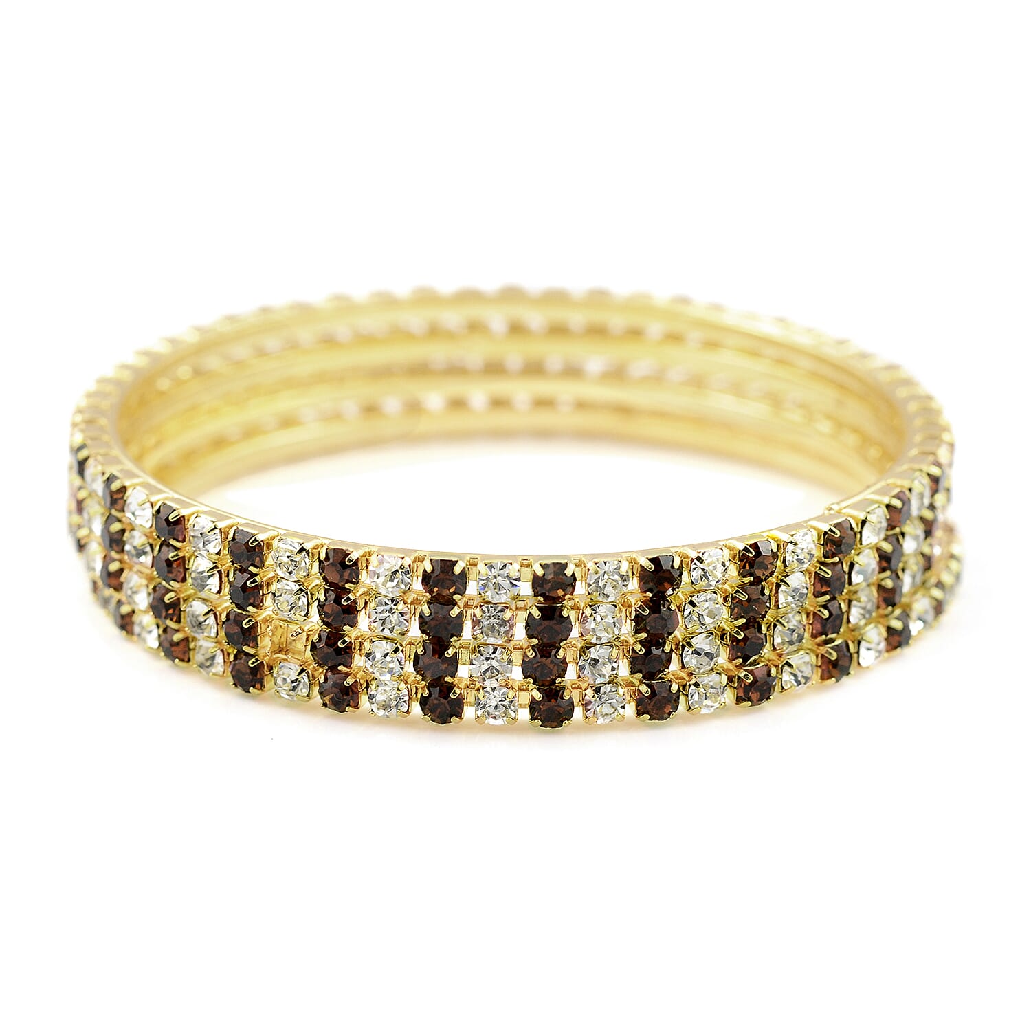 4 Piece Set - Dark Brown Austrian Crystal Bangle (Size 7.5) in Gold Tone