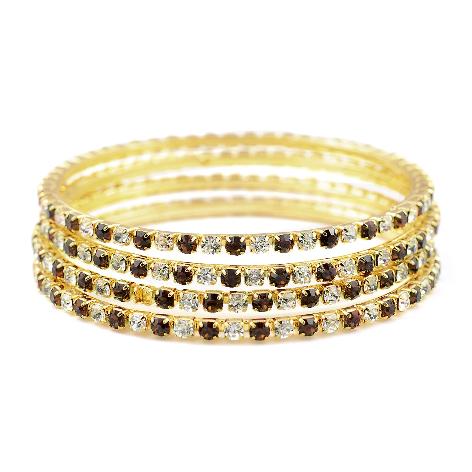 4 Piece Set - Dark Brown Austrian Crystal Bangle (Size 7.5) in Gold Tone