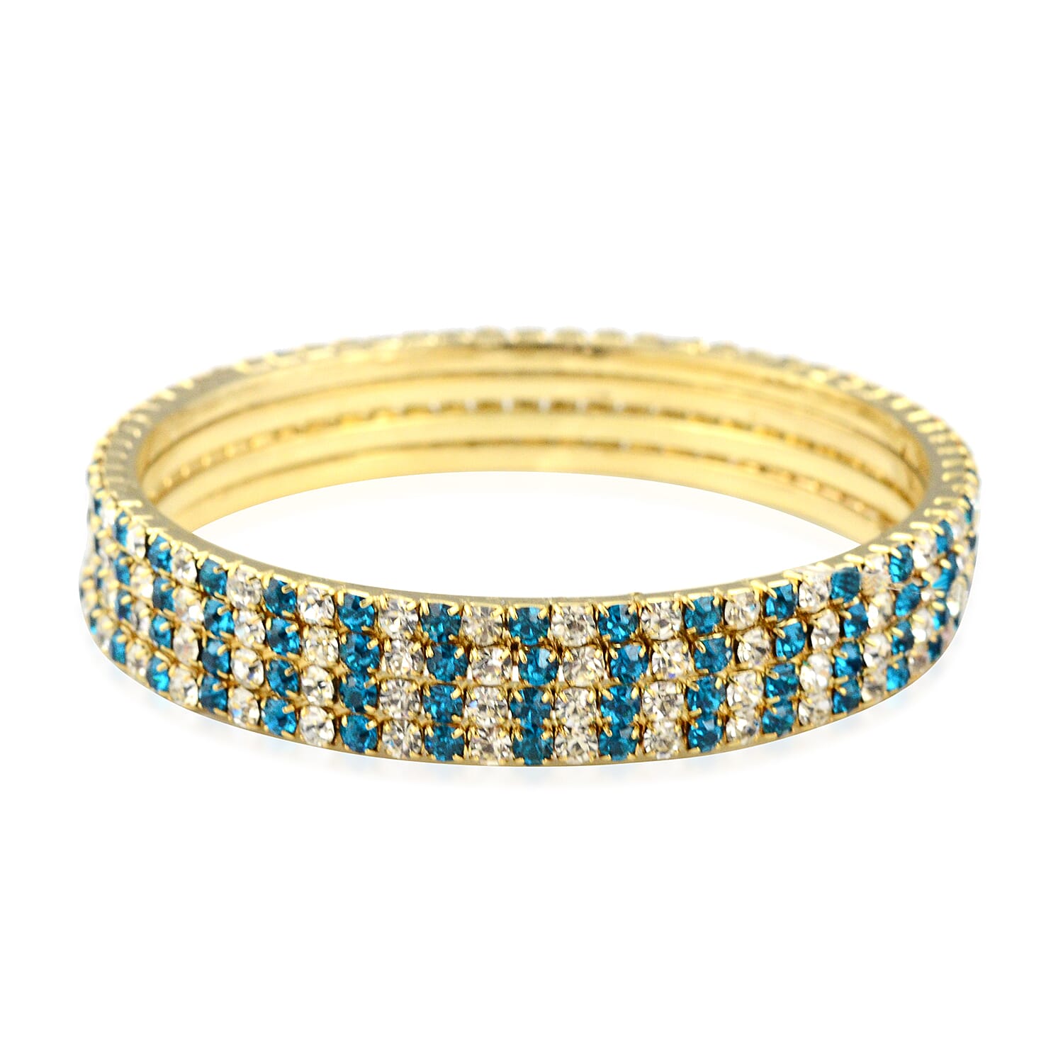 4 Piece Set - Firozi and White Austrian Crystal Bangle (Size 7.75) in Gold Tone