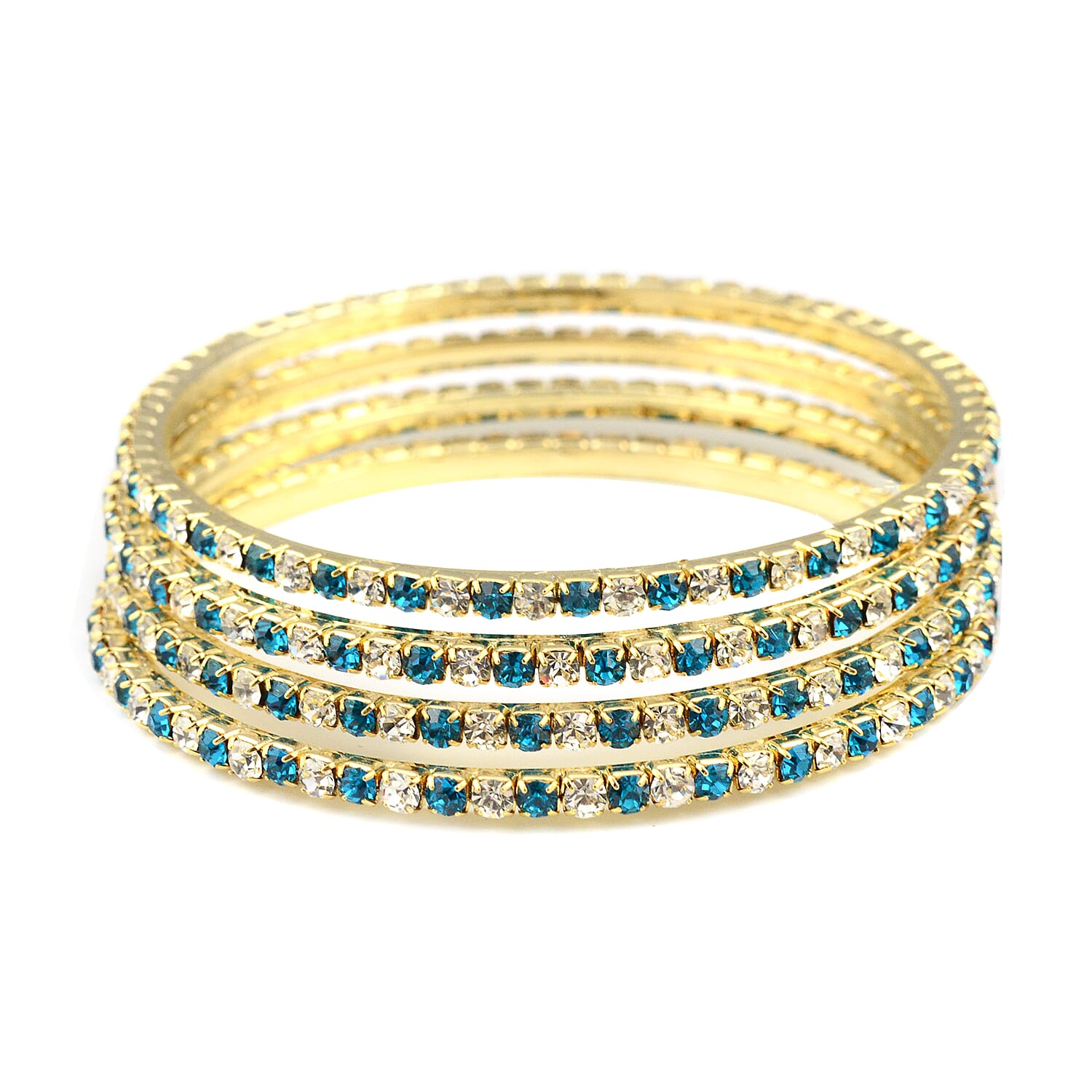 4 Piece Set - Firozi and White Austrian Crystal Bangle (Size 7.75) in Gold Tone