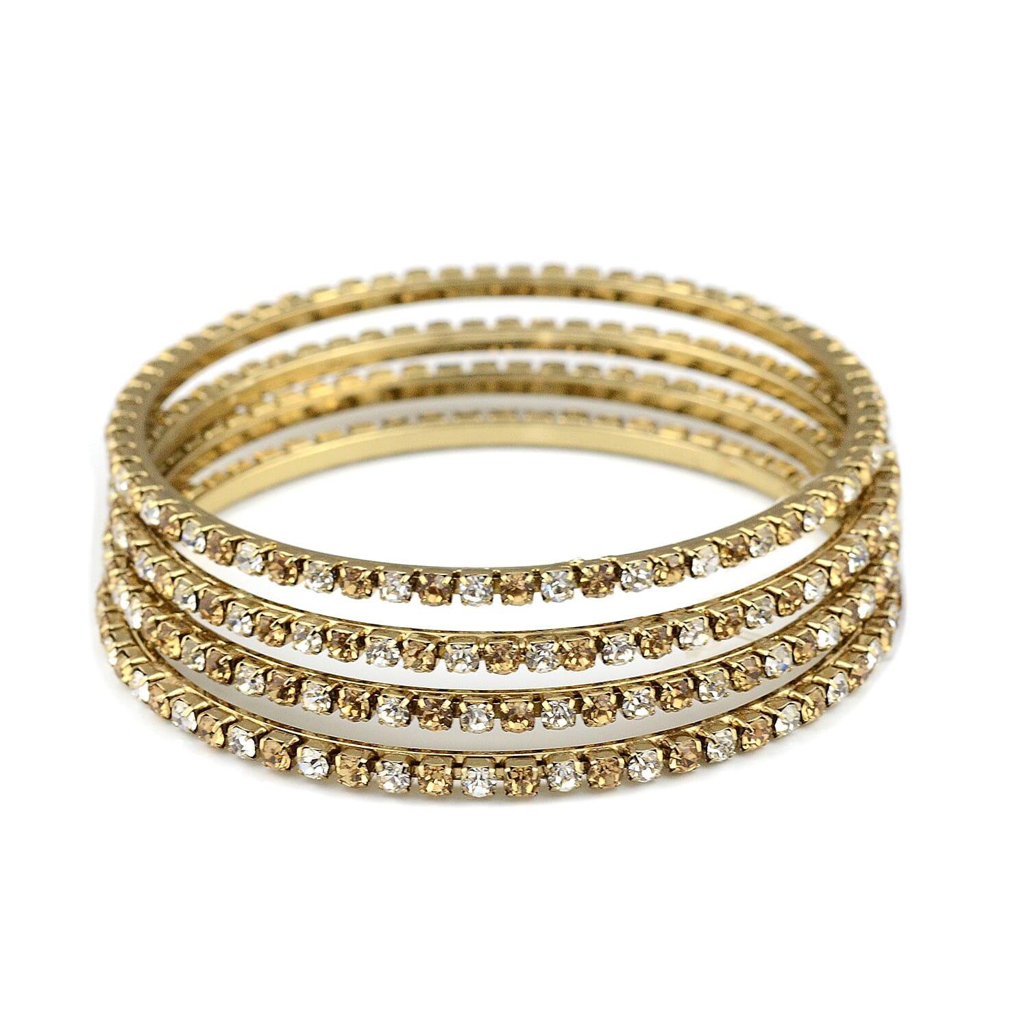 4 Piece Set - Light Brown Austrian Crystal Bangle (Size 8.5) in Gold Tone