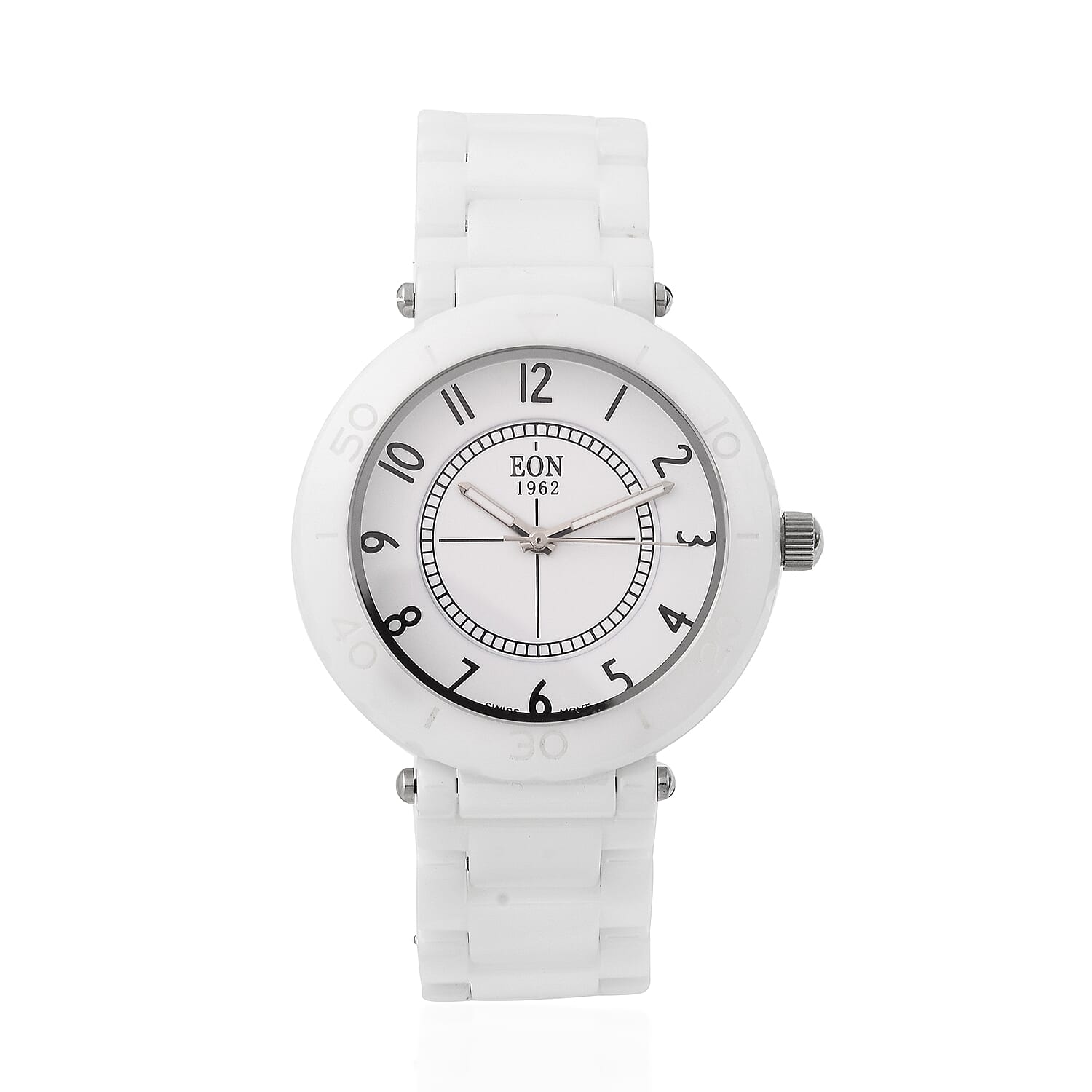 EON 1962 Swiss Movement 3 ATM Water Resistant Watch in Stainless Steel with White Ceramic Chain Strap