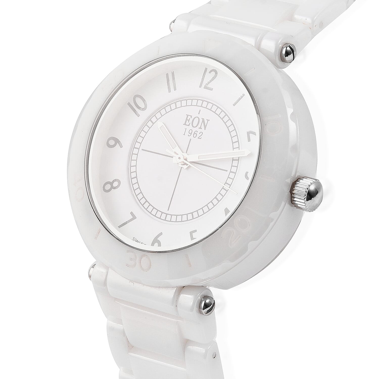 EON 1962 Swiss Movement 3 ATM Water Resistant Watch in Stainless Steel with White Ceramic Chain Strap