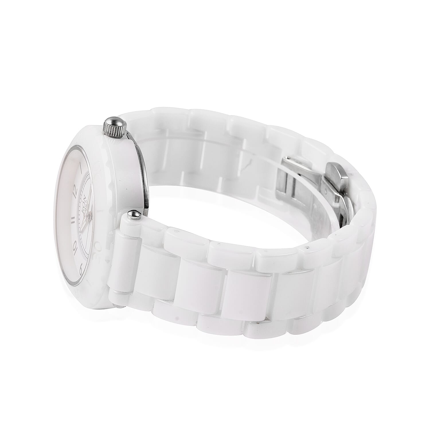 EON 1962 Swiss Movement 3 ATM Water Resistant Watch in Stainless Steel with White Ceramic Chain Strap