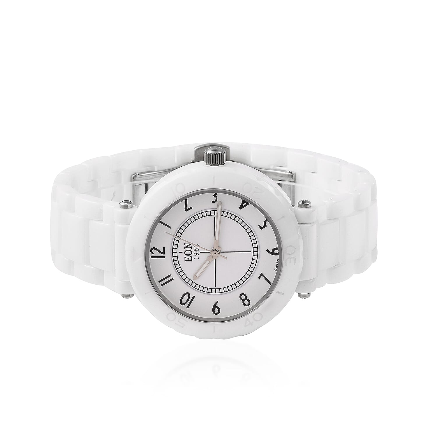 EON 1962 Swiss Movement 3 ATM Water Resistant Watch in Stainless Steel with White Ceramic Chain Strap