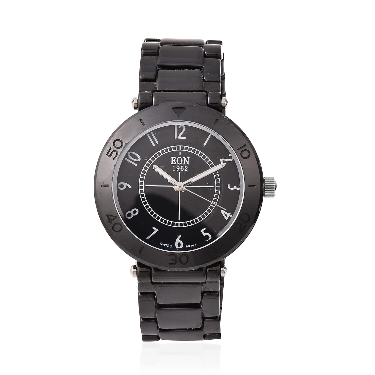 EON 1962 Swiss Movement 3 ATM Water Resistant Watch in Stainless Steel with Black Ceramic Chain Strap