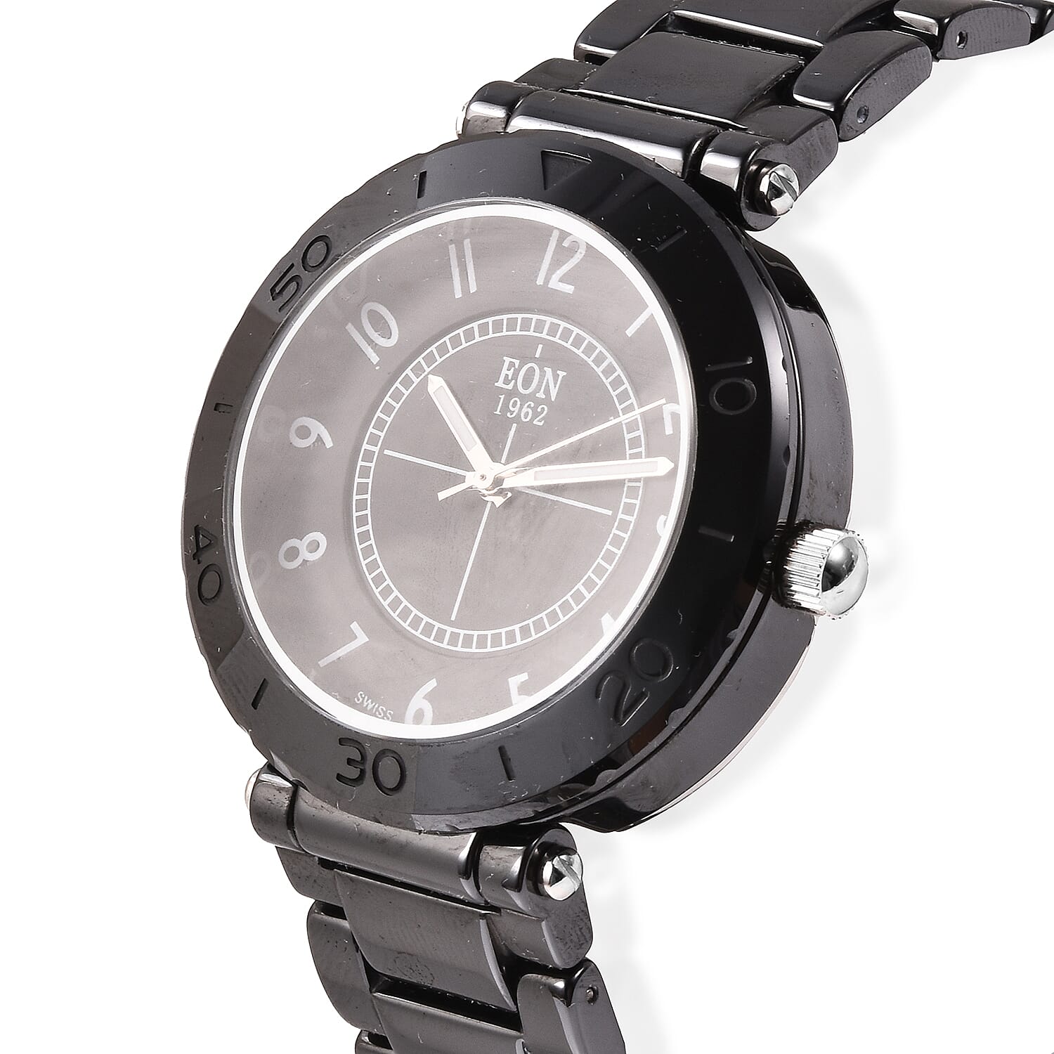 EON 1962 Swiss Movement 3 ATM Water Resistant Watch in Stainless Steel with Black Ceramic Chain Strap